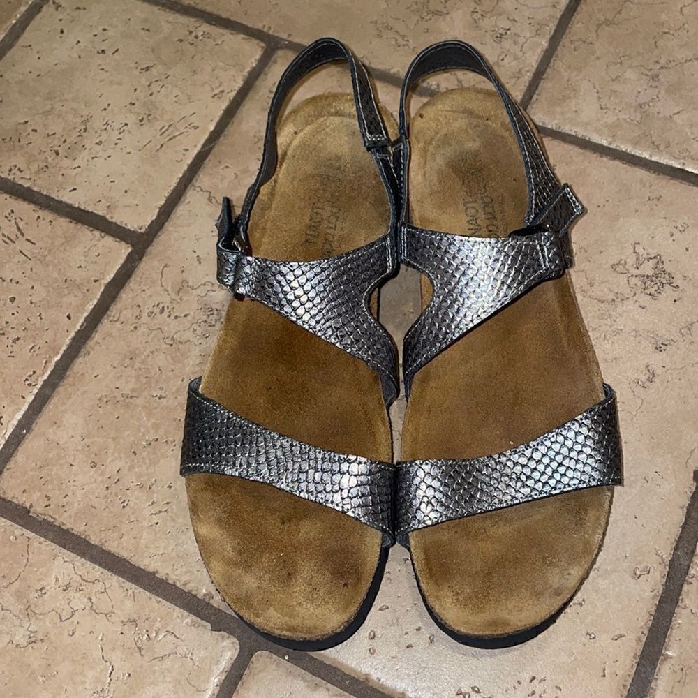 Naot Pamela Silver Snake wedge sandal